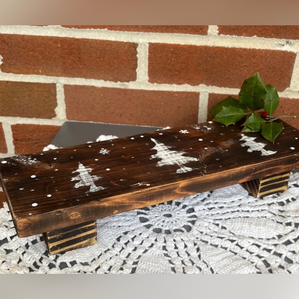 Rustic Wooden Riser Display Stand Plant Riser Snowy Trees Handmade